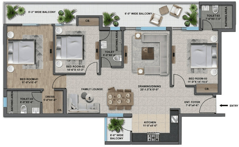 3 BHK flat floor plan at The Zirk